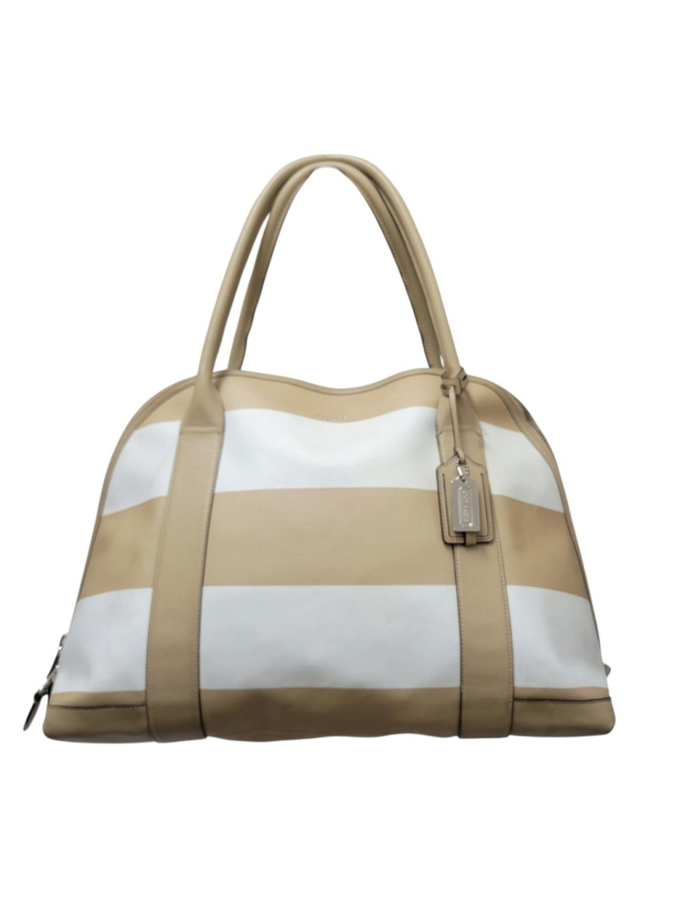 Coach Bleecker Preston Large Women Satchel Beige/White Stripe Coated Canvas Bag - Picture 2 of 9